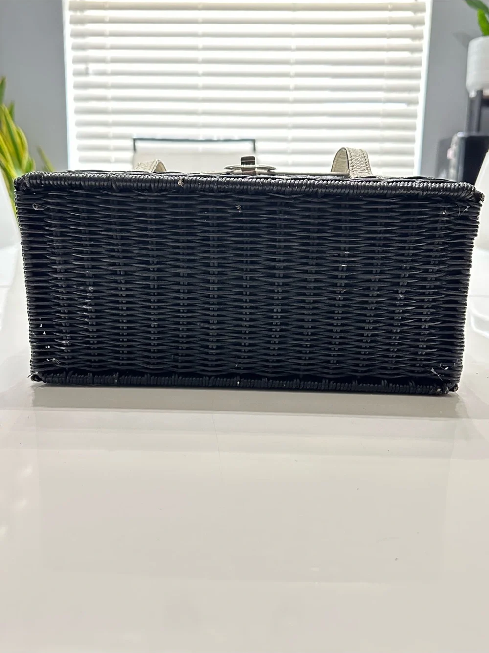 Vintage Kate Spade Black Wicker Basket Bag Top Handle Cream Leather Trim